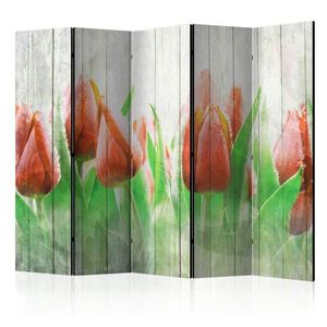 Paraván Red tulips on wood Dekorhome 225x172 cm (5-dielny) vyobraziť