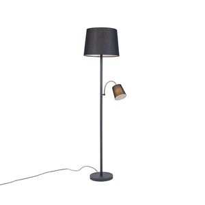 Klasická stojaca lampa čierna s čiernym tienidlom a svetlom na čítanie - Retro vyobraziť