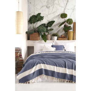 Tmavomodrý bavlnený pléd cez posteľ Viaden Şeritli, 200 x 230 cm vyobraziť