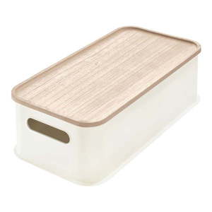 Biely úložný box s vekom z dreva paulownia iDesign Eco Handled, 21, 3 x 43 cm vyobraziť