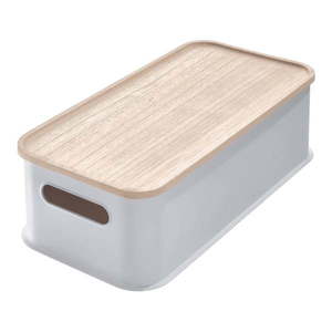 Sivý úložný box s vekom z dreva paulownia iDesign Eco Handled, 21, 3 x 43 cm vyobraziť
