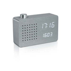 Sivý budík s bielym LED displejom a rádiom Gingko Radio Click Clock vyobraziť