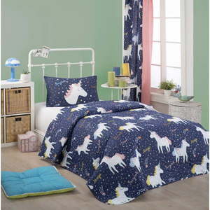 Set prehozu cez posteľ a obliečky na vankúš s prímesou bavlny Eponj Home Magic Unicorn Dark Blue, 160 x 220 cm vyobraziť