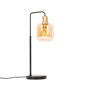 Dizajnová stolná lampa čierna s mosadzou a jantárovým sklom - Zuzanna vyobraziť