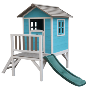 Drevený záhradný domček pre deti so šmykľavkou, modrá/sivá/biela, MAILEN vyobraziť