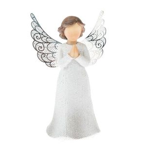 Polyresinový anjel s kovovými krídlami biela, 12 x 7 cm vyobraziť