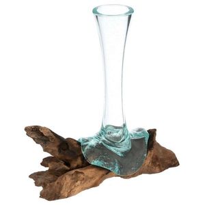 Fúkaná sklenená váza na teakovom dreve, 25 cm vyobraziť