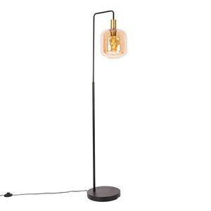 Dizajnová stojaca lampa čierna s mosadzou a jantárovým sklom - Zuzanna vyobraziť