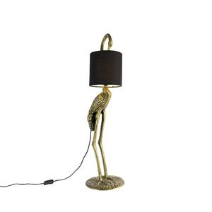 Vintage stojaca lampa z mosadze, tienidlo čierne - Crane bird vyobraziť