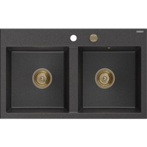 MEXEN/S MEXEN/S - Hektor granitový drez 2-bowl 800 x 480 mm, čierna kropenatá, zlatý sifón 6521802000-76-G vyobraziť