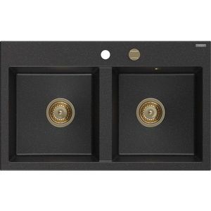 MEXEN/S MEXEN/S - Hektor granitový drez 2-bowl 800 x 480 mm, čierna/strieborná metalík, zlatý sifón 6521802000-73-G vyobraziť