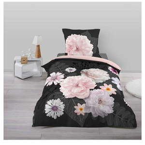 Čierno-ružové bavlnené obliečky na jednolôžko 140x200 cm Floral – douceur d'intérieur vyobraziť