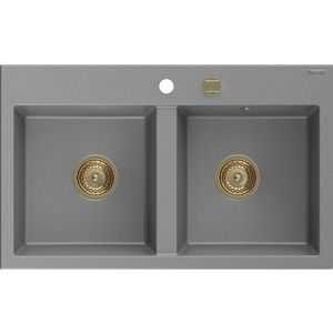 MEXEN/S MEXEN/S - Hektor granitový drez 2-bowl 800 x 480 mm, sivá, zlatý sifón 6521802000-71-G vyobraziť