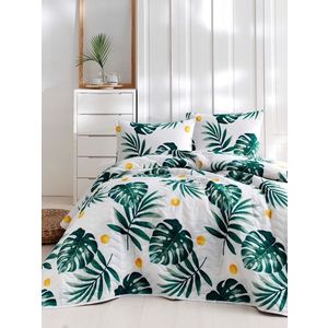 Set bavlněného přehozu přes postel a povlaku na polštář Lura 160x220 cm zeleno-bílé vyobraziť