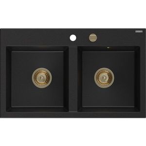 MEXEN/S MEXEN/S - Hektor granitový drez 2-bowl 800 x 480 mm, čierna, zlatý sifón 6521802000-77-G vyobraziť