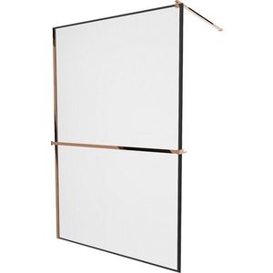 MEXEN/S - KIOTO Sprchová zástena WALK-IN s poličkou a držiakom uterákov 100 x 200 cm transparent/čierna 8 mm, růžové zlato 800-100-121-60-70 vyobraziť