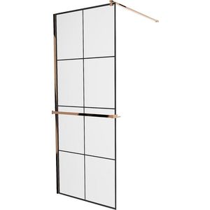 MEXEN/S - KIOTO Sprchová zástena WALK-IN s poličkou a držiakom uterákov 70 x 200, transparent/čierna 8 mm, růžové zlato 800-070-121-60-77 vyobraziť