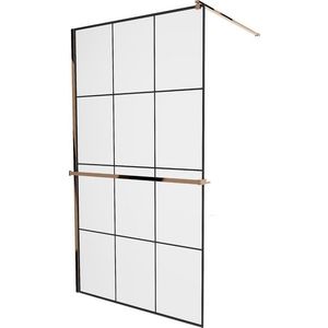 MEXEN/S - KIOTO Sprchová zástena WALK-IN s poličkou a držiakom uterákov 110 x 200, transparent/čierna 8 mm růžové zlato 800-110-121-60-77 vyobraziť