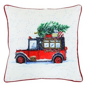 Vankúš zamatový s výplňou, biely - vianočné auto, 100% polyester, 45 x 45 cm. vyobraziť