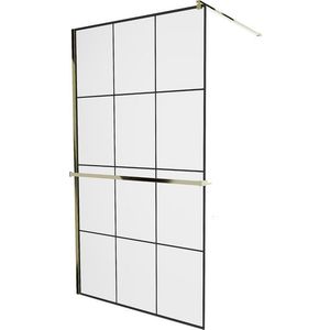 MEXEN/S - KIOTO Sprchová zástena WALK-IN s poličkou a držiakom uterákov 120 x 200, transparent/čierna 8 mm, zlatá 800-120-121-50-77 vyobraziť