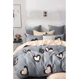 Sivo-béžové predĺžené obliečky na dvojlôžko z bavlny Renforcé s plachtou/4-dielne 200x220 cm Double Heart – Mila Home vyobraziť