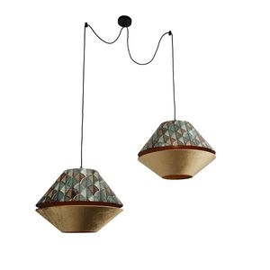 Hanglamp zwart met dubbele velours lampenkap blad dessin en beige 2-lichts - Cava Luxe vyobraziť