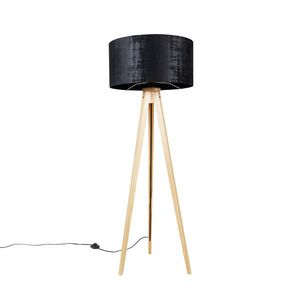 Stojaca lampa drevená s látkovým tienidlom čiernym 50 cm - Tripod Classic vyobraziť