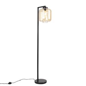 Dizajnová stojaca lampa čierna s jantárovým sklom - Qara Down vyobraziť