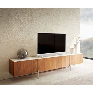 TV stolík Secara 220 cm prírodná akácia 4 dvierka mramorový podstavec vyobraziť