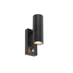 Vonkajšia nástenná lampa čierna 2-svetlá s pohybovým senzorom IP44 - Duo vyobraziť