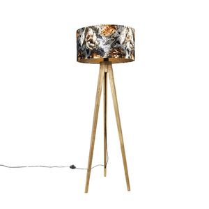 Vintage stojaca lampa drevený tienidlo kvetinový vzor 50 cm - Tripod Classic vyobraziť