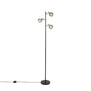 Stojaca lampa v štýle Art Deco čierna a zlatá s dymovým sklom 3-svetlo - Vidro vyobraziť