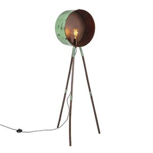 Vintage stojaca lampa na bambusovom trojnohom zelená s meďou - Barrel vyobraziť