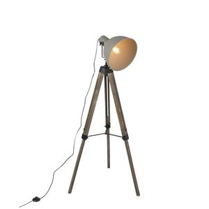 Priemyselná stojaca lampa na drevenom trojnohom stojane s sivým tienidlom - Laos vyobraziť