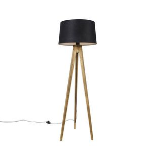 Rustikálny trojnohý vintage drevený s tienidlom z ľanu čierny 45 cm - Tripod Classic vyobraziť