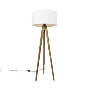 Rustikálny trojnohý vintage drevený s bielym tienidlom 50 cm - Tripod Classic vyobraziť