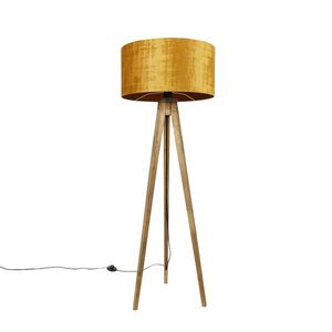 Rustikálny trojnohý vintage drevený so zlatým tienidlom 50 cm - Tripod Classic vyobraziť