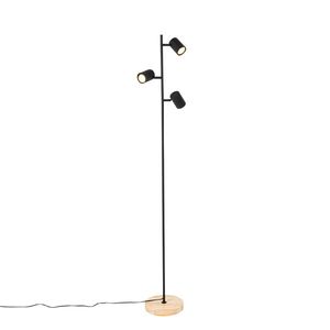 Moderná stojaca lampa čierna s dreveným podstavcom 3-svetlo - Jeana vyobraziť