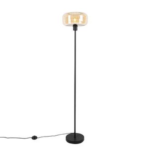Art Deco stojaca lampa čierna s jantárovým sklom - Bizle vyobraziť
