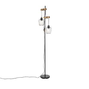 Rustikálna stojaca lampa čierna s drevom 2-svetlo - Stronk vyobraziť