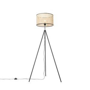 Rustikálna stojaca lampa trojnožka čierna s ratanovým tienidlom - Kata vyobraziť