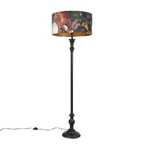 Stojacia lampa čierna s plyšovým tienidlom Kvety zlaté 50 cm - Classico vyobraziť