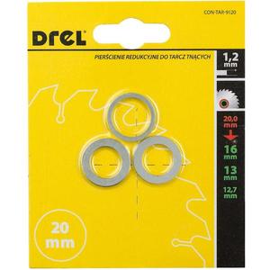 Redukčný krúžok pre pílové kotúče, 20/16 mm, 20/13 mm, 20/12, 7 mm, hrúbka 1, 2 mm, 3 ks, Drel vyobraziť