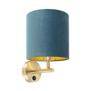 Elegantná nástenná lampa zlatá s modrým zamatovým tienidlom - Matt vyobraziť