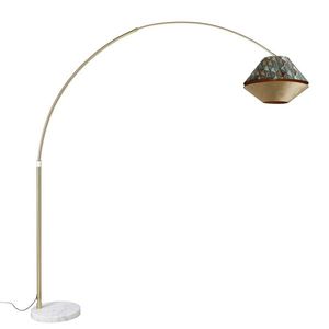 Booglamp messing met wit met dubbele velours kap blad dessin en beige - XXL vyobraziť
