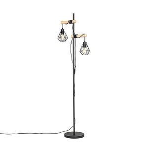 Rustikálna stojaca lampa čierna s drevom 2-svetlo - Chon vyobraziť