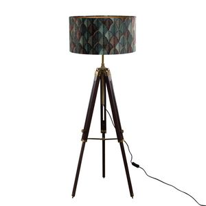 Mosadzná stojaca lampa na trojnožke s velúrovým tienidlom s dizajnom listov a zlatým vnútorným povrchom - Cortin vyobraziť