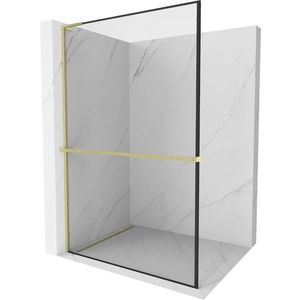MEXEN/S - Kioto+ L Sprchová zástena WALK-IN s poličkou a držiakom uterákov 60 x 200 cm, čierny vzor, zlatá kartáčovaná 800-060-123-55-70 vyobraziť