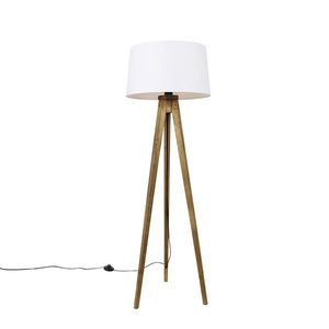 Rustikálny trojnohý stojan vintage drevo s bielym ľanovým tienidlom 45 cm - Tripod Classic vyobraziť