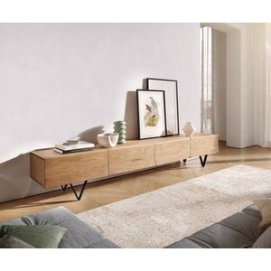 TV stolík Wyatt 220 cm prírodný dub 4 zásuvky podstavec v tvare V kov vyobraziť